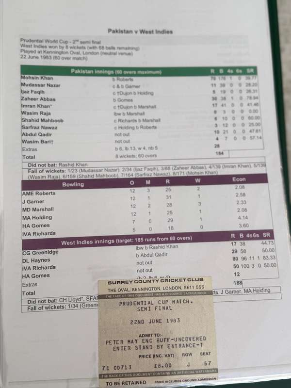 Cricket Ticket - *1983 Cricket World Cup SF* Pakistan vs West-Indies 22/06/1983 (Kensington Oval)