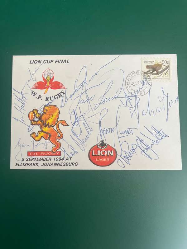 Rugby - *SIGNED* FDC/First Day Cover Lion Cup FINAL Western Province vs Transvaal 03/09/1994