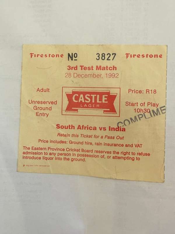 Cricket Ticket - South-Africa vs India 28/12/1992 (St Georges Park)