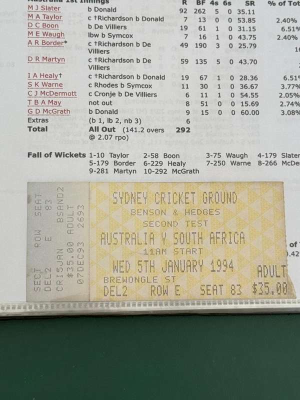 Cricket Ticket - Australia vs South-Africa 2/01/1994