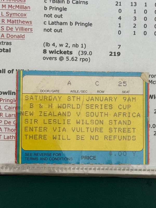Cricket Ticket - New Zealand vs South-Africa 8/01/1994 (Brisbane)