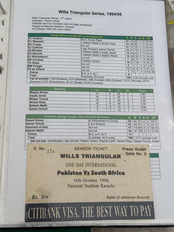 Cricket Ticket - Pakistan vs South-Africa 16/10/1994 (Wills Triangular Series - Karachi)