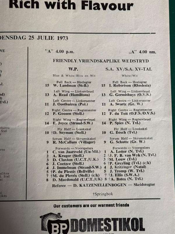 Rugby Programme - Western-Province vs South-Africa XV 25/07/1973