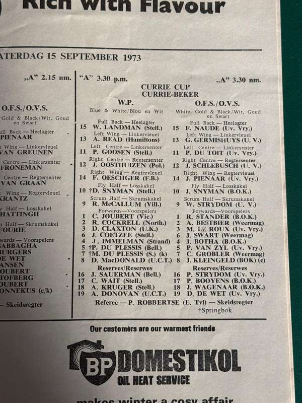 Rugby Programme - Western-Province vs Free State 15/09/1973
