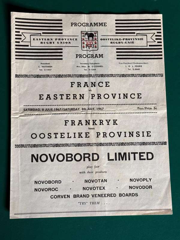 Rugby Programme - *Tour Match* Eastern-Province vs France 08/07/1967