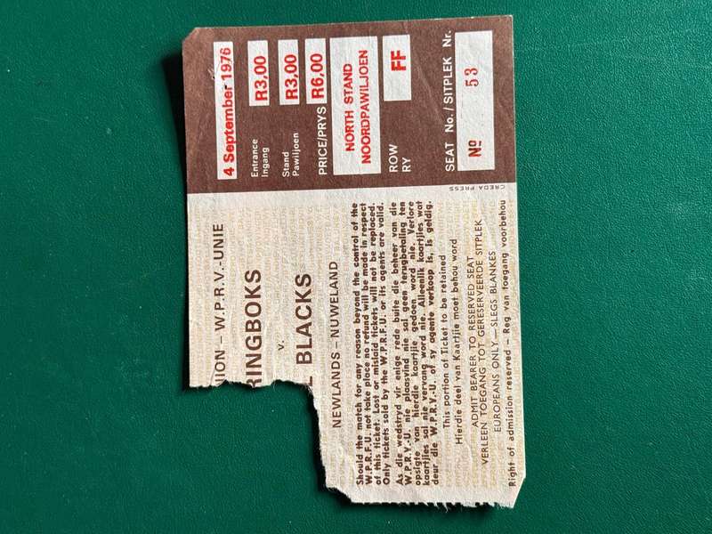Rugby Ticket - South-Africa vs New Zealand All Blacks 04/09/1976