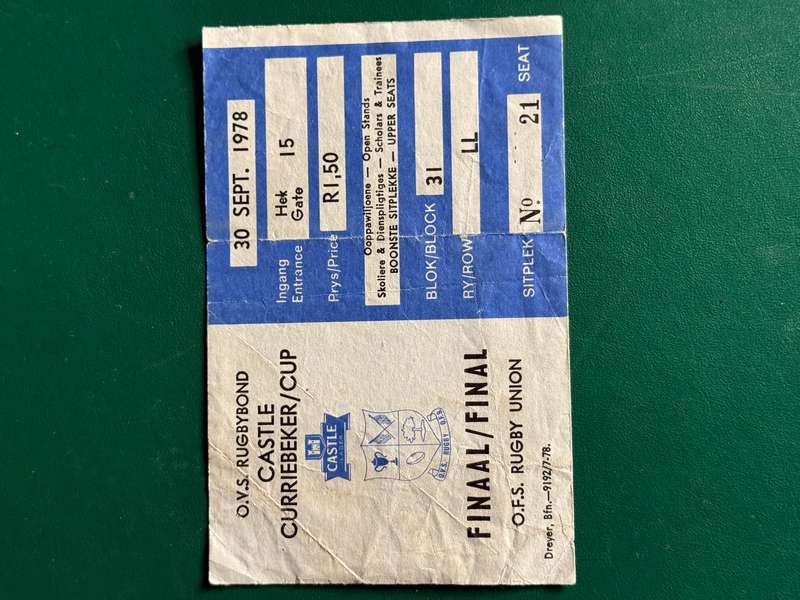 Rugby Ticket - *CURRIE CUP FINAL* Northern-Transvaal vs Free State 30/09/1978