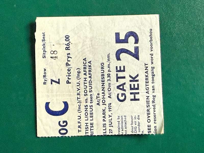 Rugby Ticket - South-Africa vs British Lions 27/07/1974