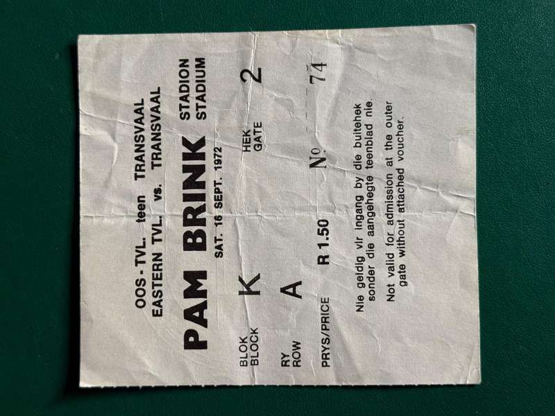 Rugby Ticket - *CURRIE CUP FINAL* Eastern-Transvaal vs Transvaal 16/09/1972
