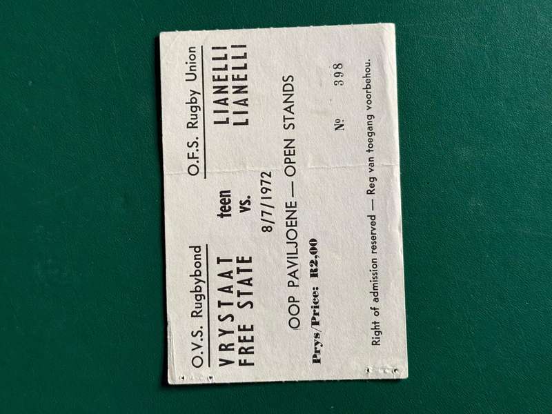 Rugby Ticket - Free State vs Llanelli 08/07/1972