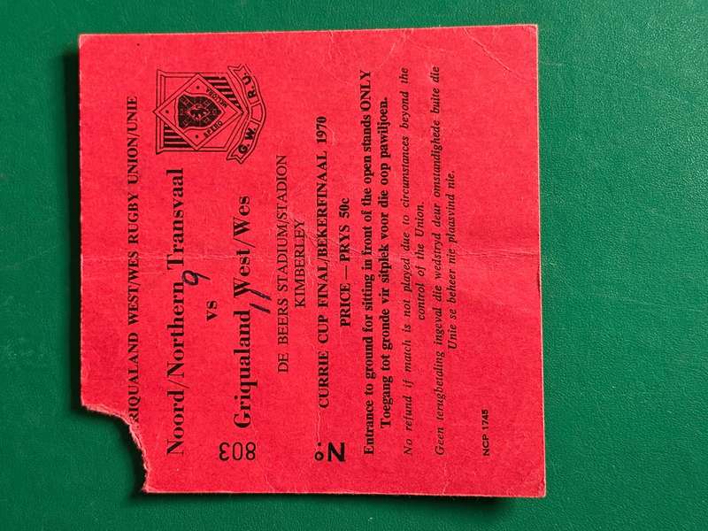 Rugby Ticket - *CURRIE CUP FINAL* Griquas vs Northern-Transvaal 26/09/1970