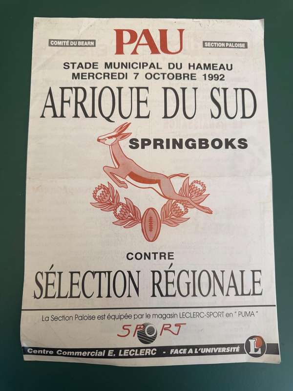 Rugby Programme - *TOUR MATCH* South-Africa vs French Regional XV 07/10/1992
