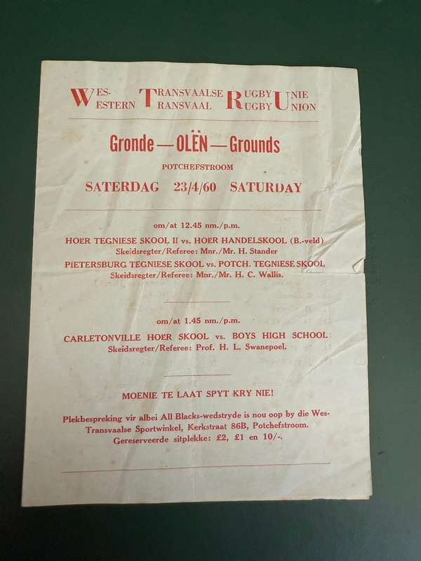 Rugby Programme - Western-Transvaal vs Eastern-Transvaal 23/04/1960