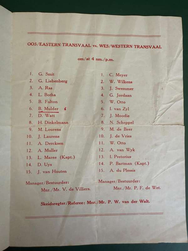 Rugby Programme - Western-Transvaal vs Eastern-Transvaal 23/04/1960