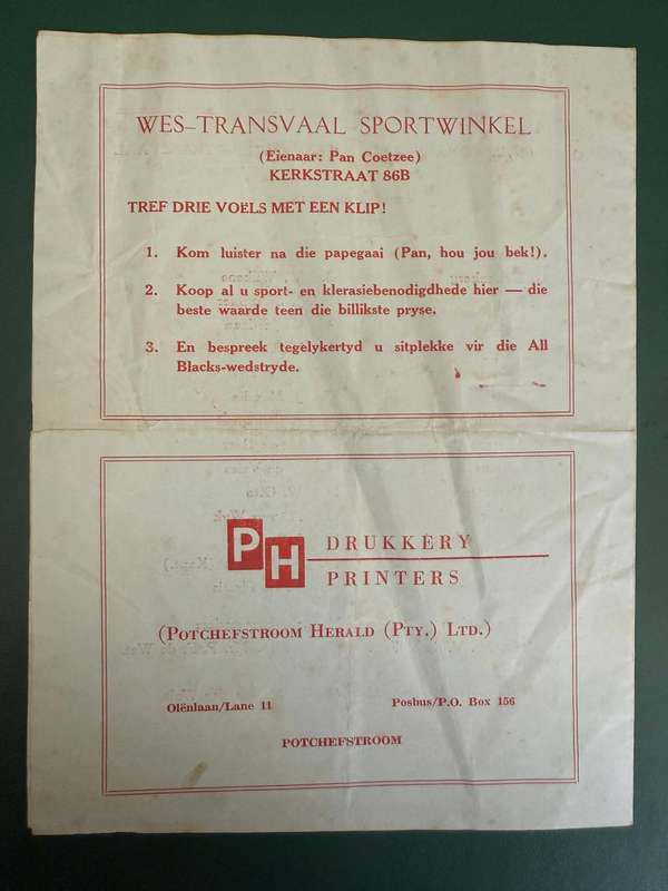 Rugby Programme - Western-Transvaal vs Eastern-Transvaal 23/04/1960