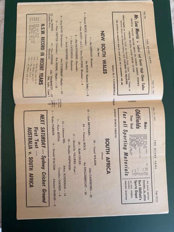 Rugby Programme - *TOUR MATCH* New South Wales vs South-Africa 14/06/1965