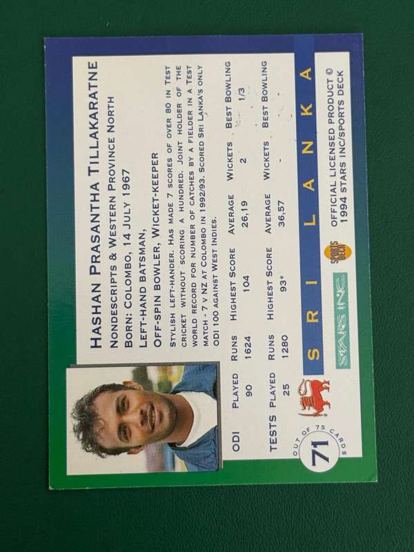 Cricket Card - *SIGNED* Hashan Tielakaratne 1994 Sports Deck Cricket Card