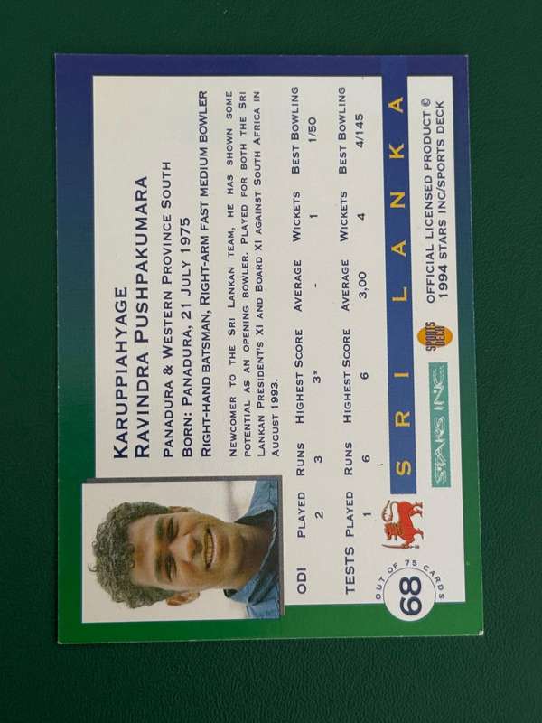 Cricket Card - *SIGNED* Ravi Pushpakumara 1994 Sports Deck Cricket Card