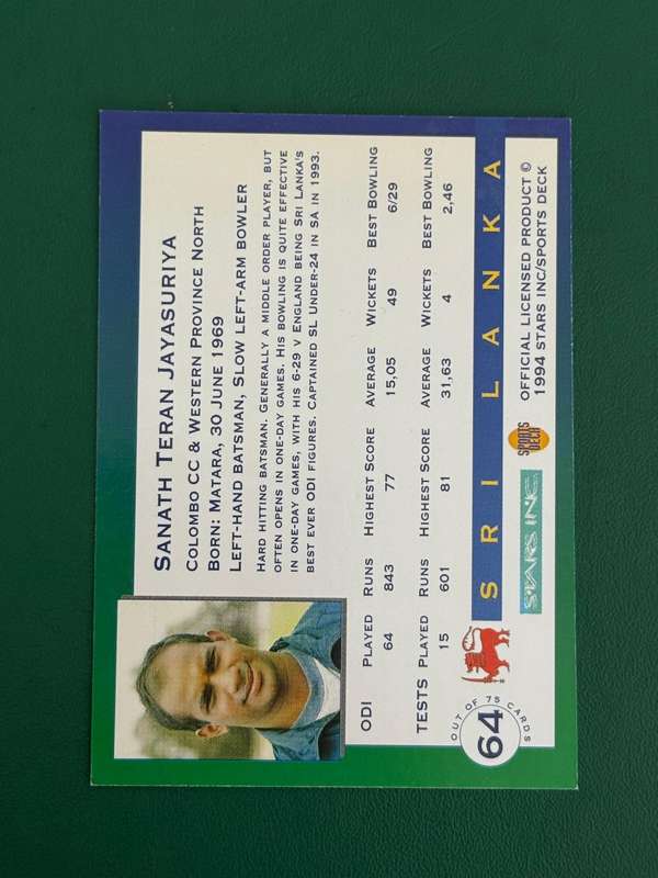 Cricket Card - *SIGNED* Sanath Jayasuriya 1994 Sports Deck Cricket Card