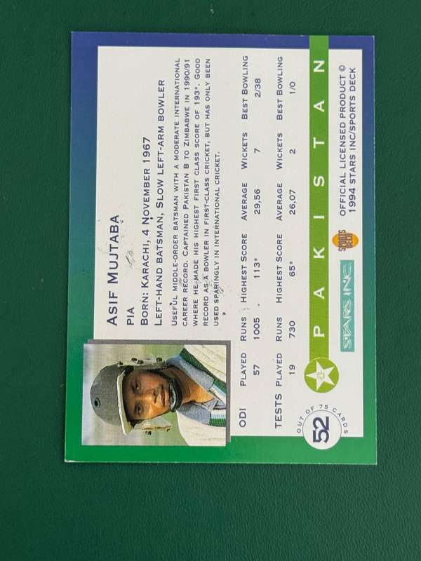 Cricket Card - *SIGNED* Asif Mujtaba 1994 Sports Deck Cricket Card