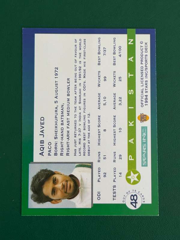 Cricket Card - *SIGNED* Aqib Javed 1994 Sports Deck Cricket Card