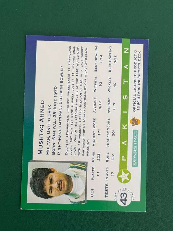 Cricket Card - *SIGNED* Mushtaq Ahmed 1994 Sports Deck Cricket Card