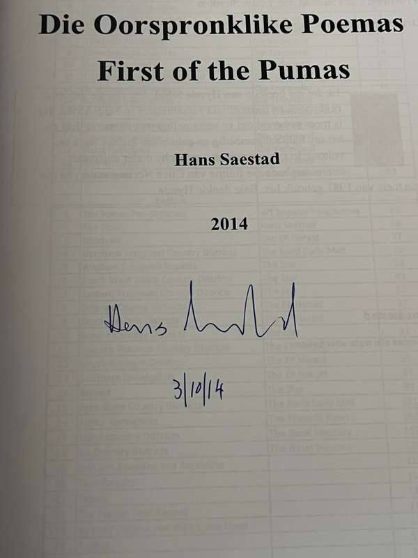 Rugby Book - First of the Pumas/Die Oorspronklike Poemas van 1965 by Hans Saestad (Signed by Author)