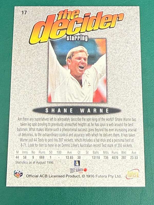 Cricket Card - Shane Warne (Nr17) 1996 Futera Cricket Card