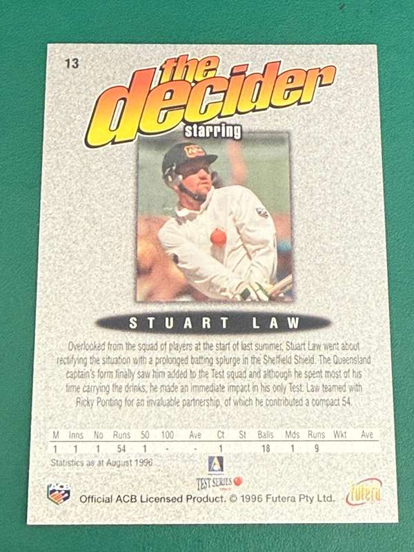 Cricket Card - Stuart Law (Nr13) 1996 Futera Cricket Card