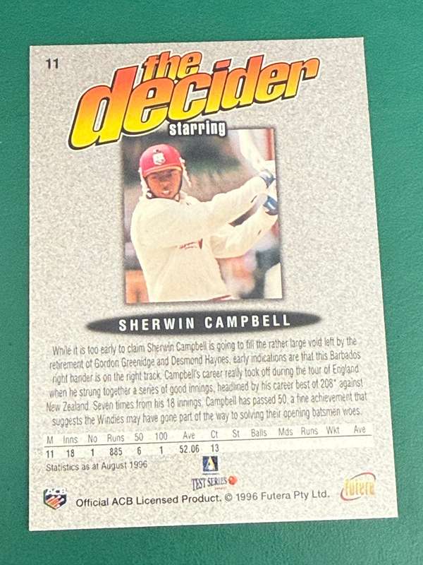 Cricket Card - Sherwin Campbell (Nr11) 1996 Futera Cricket Card
