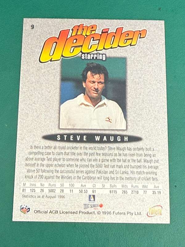 Cricket Card - Steve Waugh (Nr9) 1996 Futera Cricket Card