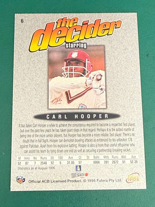 Cricket Card - Carl Hooper (Nr6) 1996 Futera Cricket Card