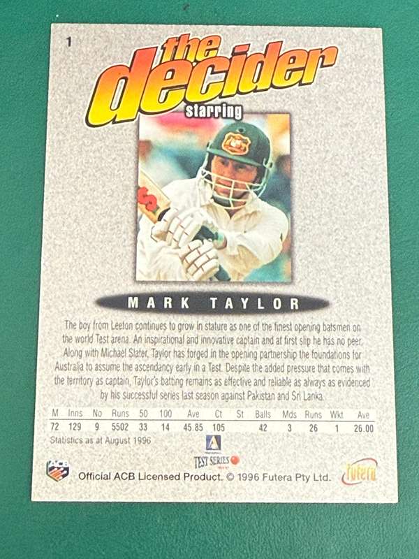 Cricket Card - Mark Taylor (Nr1) 1996 Futera Cricket Card