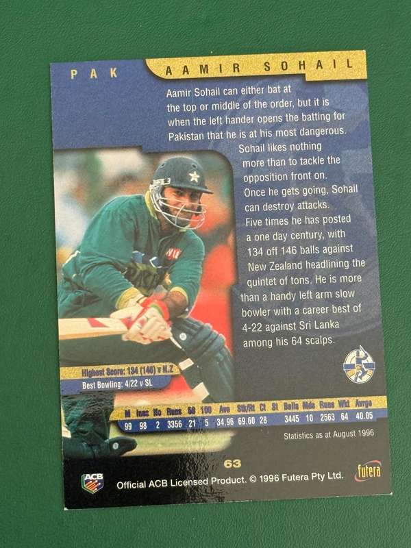 Cricket Card - *SIGNED* Aamir Sohail (Nr63) 1996 Futera Cricket Card
