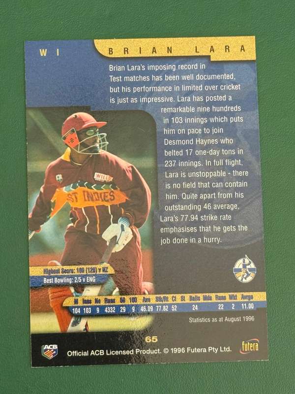 Cricket Card - *SIGNED* Brian Lara (Nr65) 1996 Futera Cricket Card