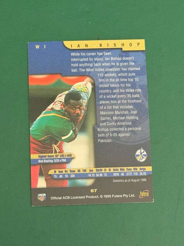 Cricket Card - Ian Bishop (nr67) 1996 Futera Cricket Card