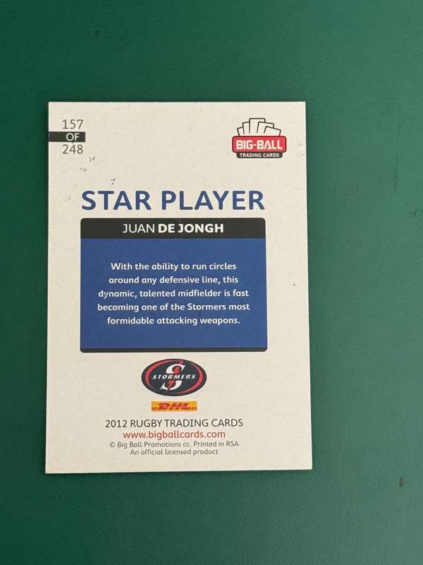 Rugby Card - *SIGNED* Juan de Jongh 2012 Big Ball Rugby Card