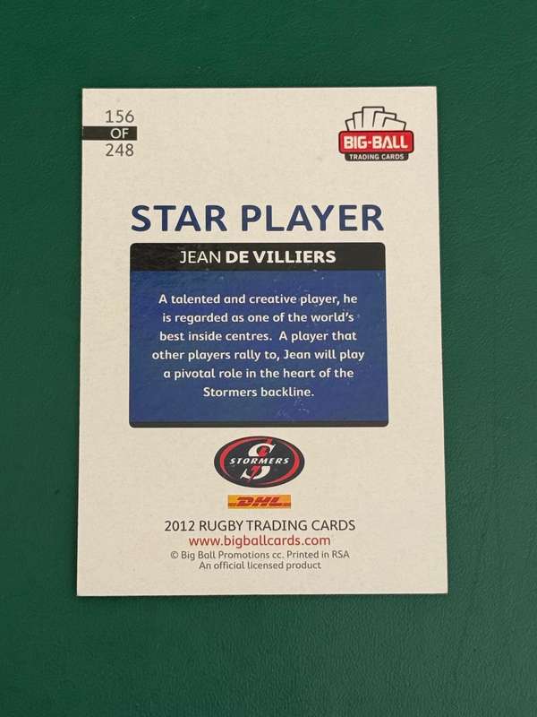 Rugby Card - *SIGNED* Jean de Villiers 2012 Big Ball Rugby Card