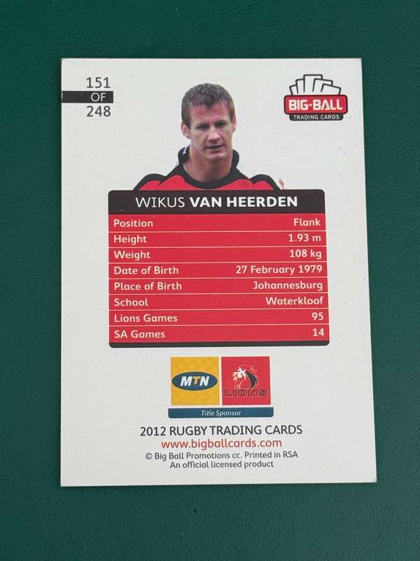 Rugby Card - *SIGNED* Wickus van Heerden 2012 Big Ball Rugby Card