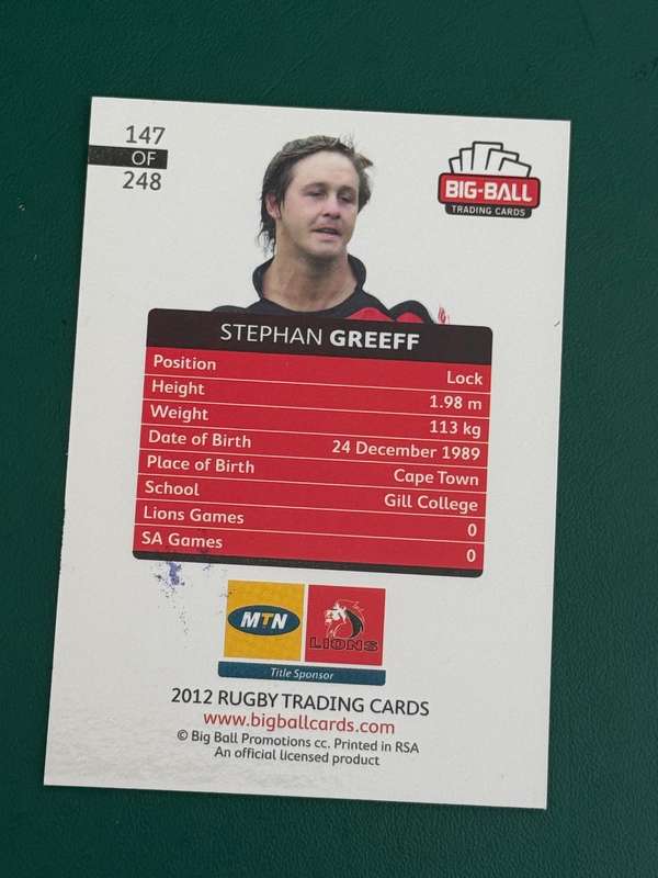 Rugby Card - *SIGNED* Stephan Greeff 2012 Big Ball Rugby Card
