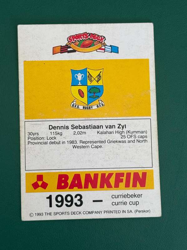 Rugby Card - Dennis Van Zyl 1993 Sports Deck Rugby Card