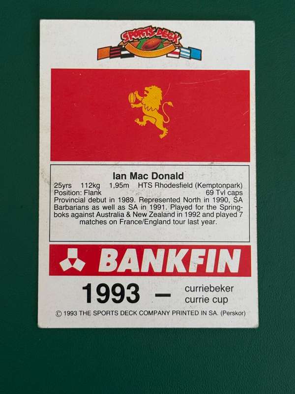 Rugby Card - Ian MacDonald 1993 Sports Deck Rugby Card