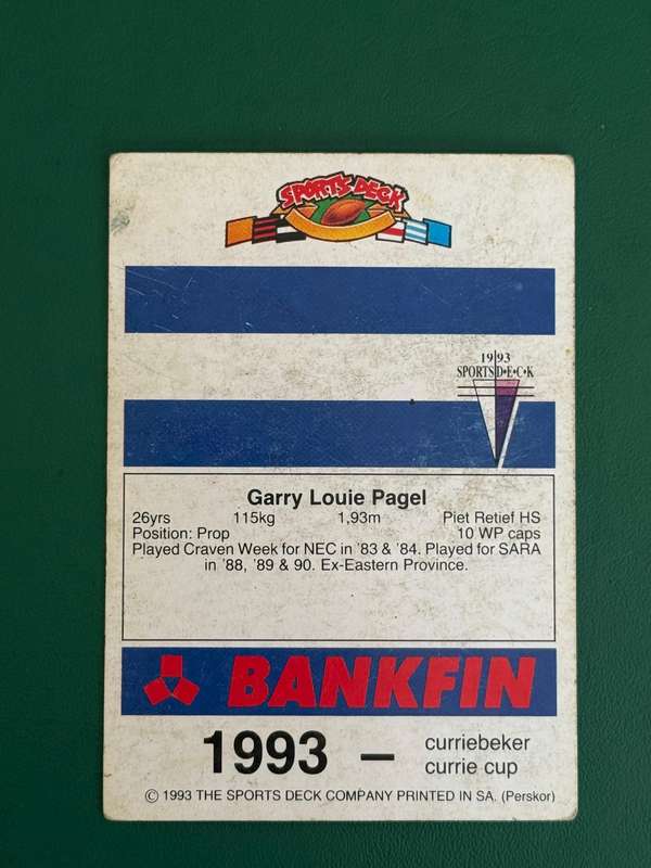 Rugby Card - Gary Pagel 1993 Sports Deck Rugby Card