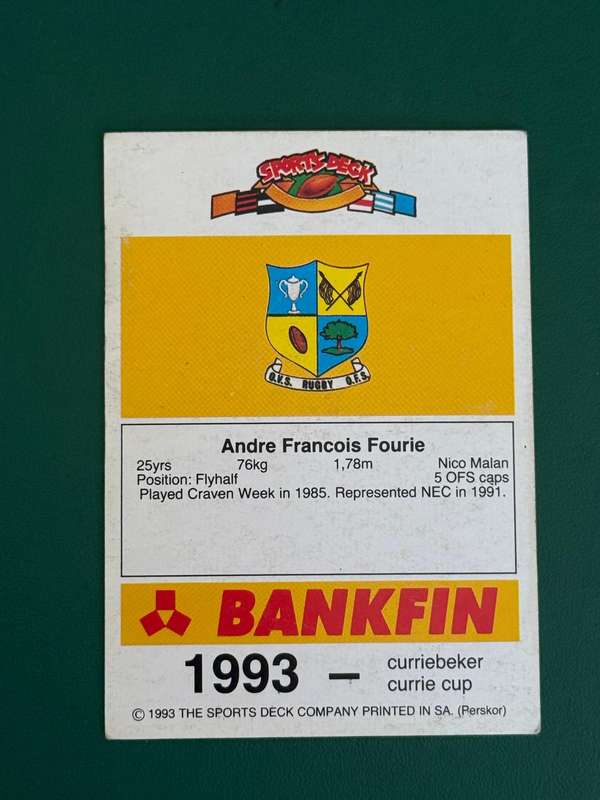 Rugby Card - Andre Fourie 1993 Sports Deck Rugby Card