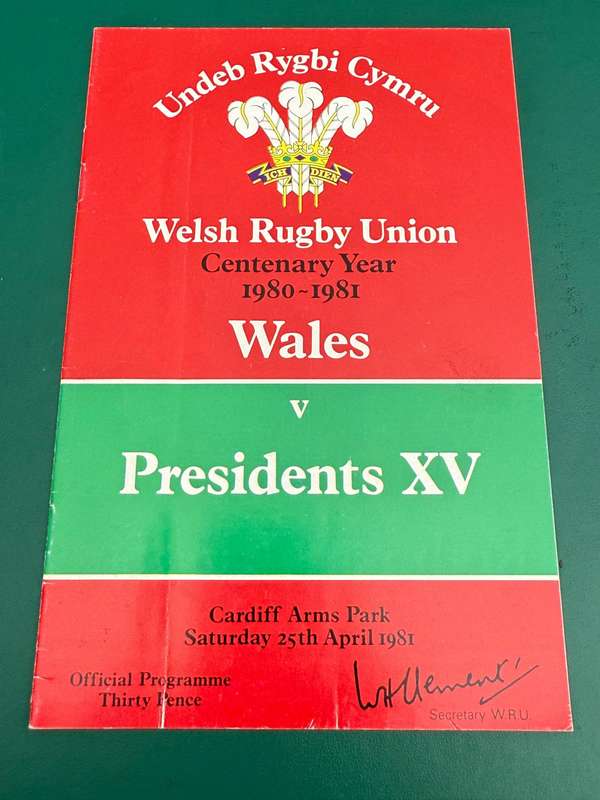 Rugby Programme - Wales vs Presidents XV 25/04/1981