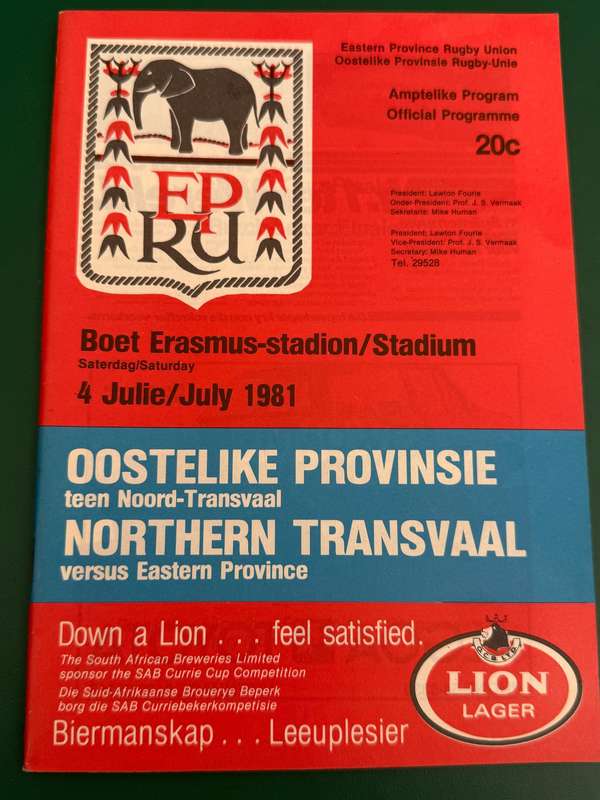 Rugby Programme - Eastern-Province vs Northern-Transvaal 04/07/1981