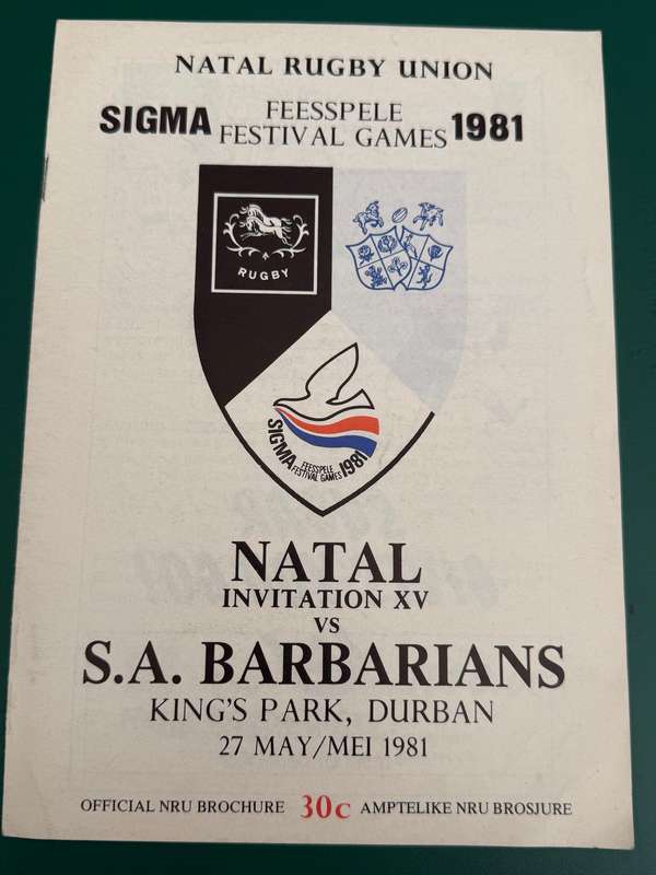 Rugby Programme - Natal Invitation XV vs South-African Barbarians 27/05/1981