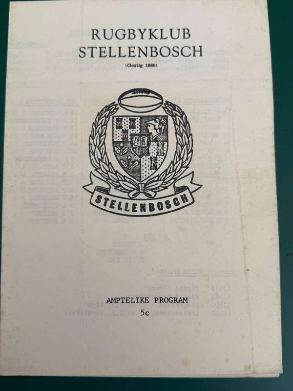 Rugby Programme - Stellenbosch vs Victorians 14/03/1981