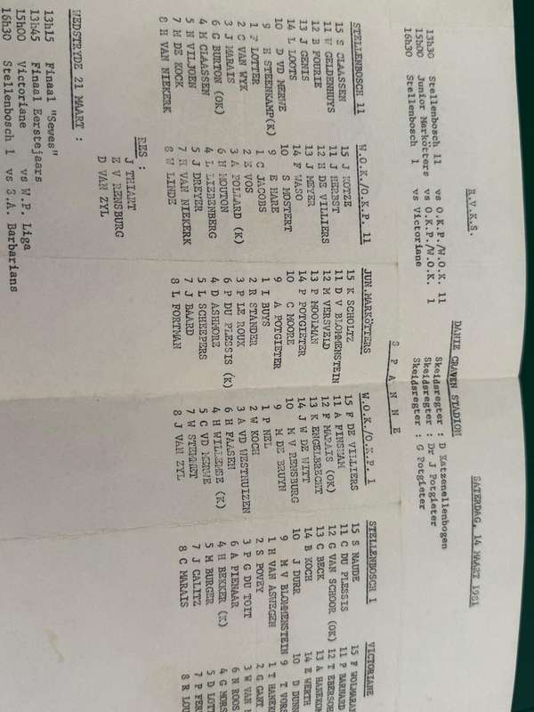 Rugby Programme - Stellenbosch vs Victorians 14/03/1981