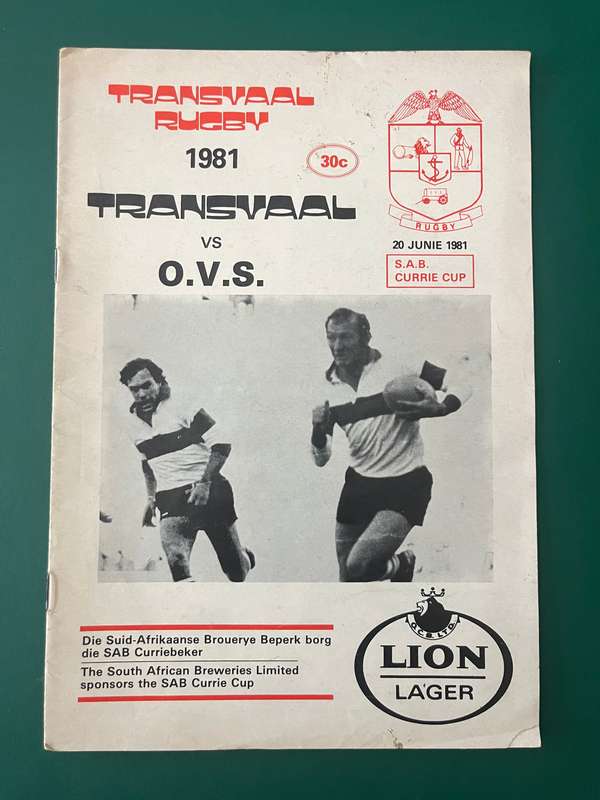 Rugby Programme - Transvaal vs Free State 20/06/1981